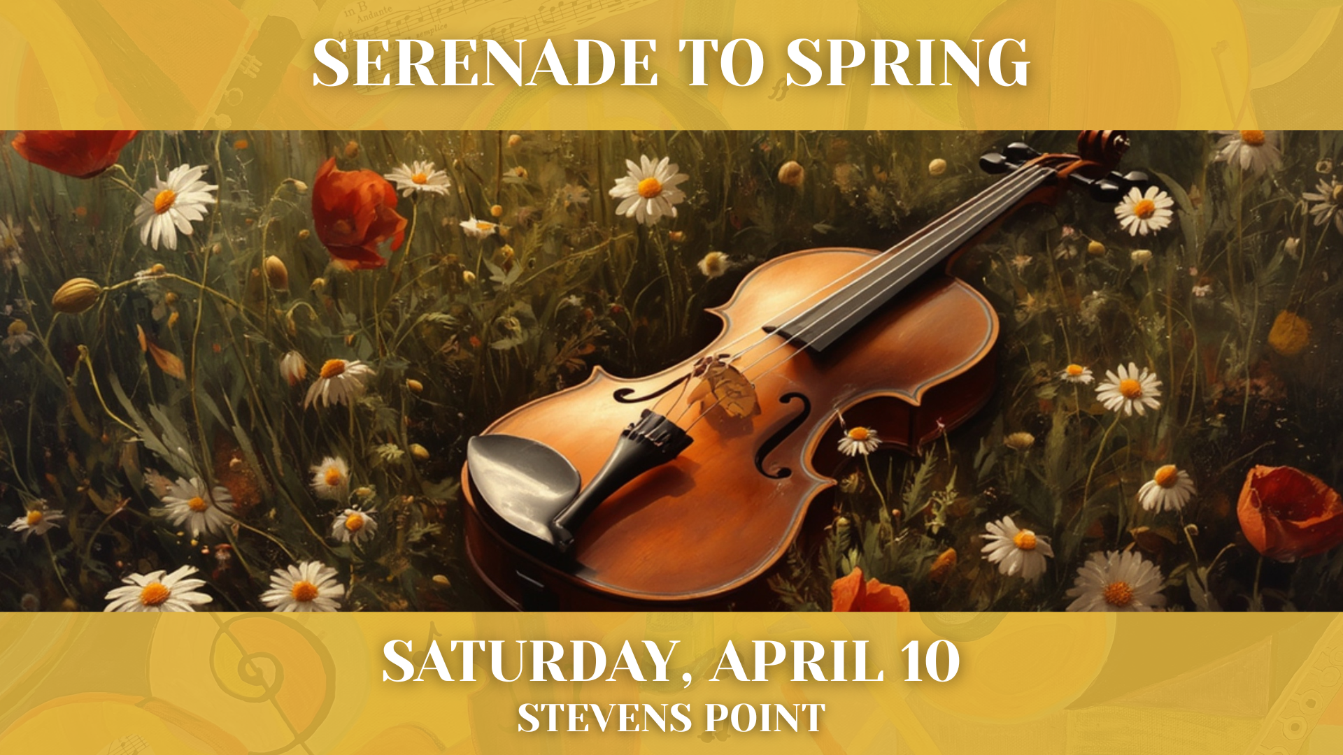Concert image for Serenade to Spring featuring a violin in a Spring meadow.
